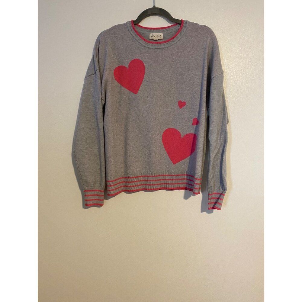 Marled Heart Print Grey & Pink Striped Sweater Large Soft Pullover Barbie Artsy